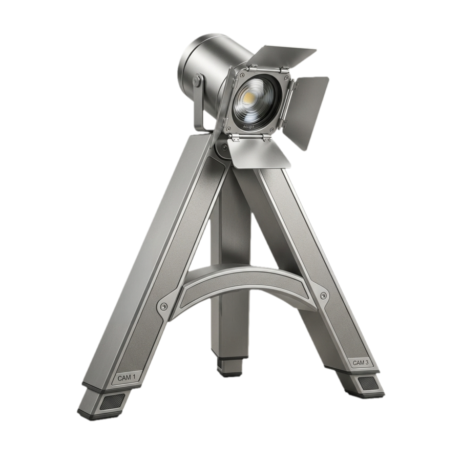 The ArcLight lamp: a brushed-titanium stage light with barn doors, on an A-frame stand whose legs read CAM 1 and CAM 3.
