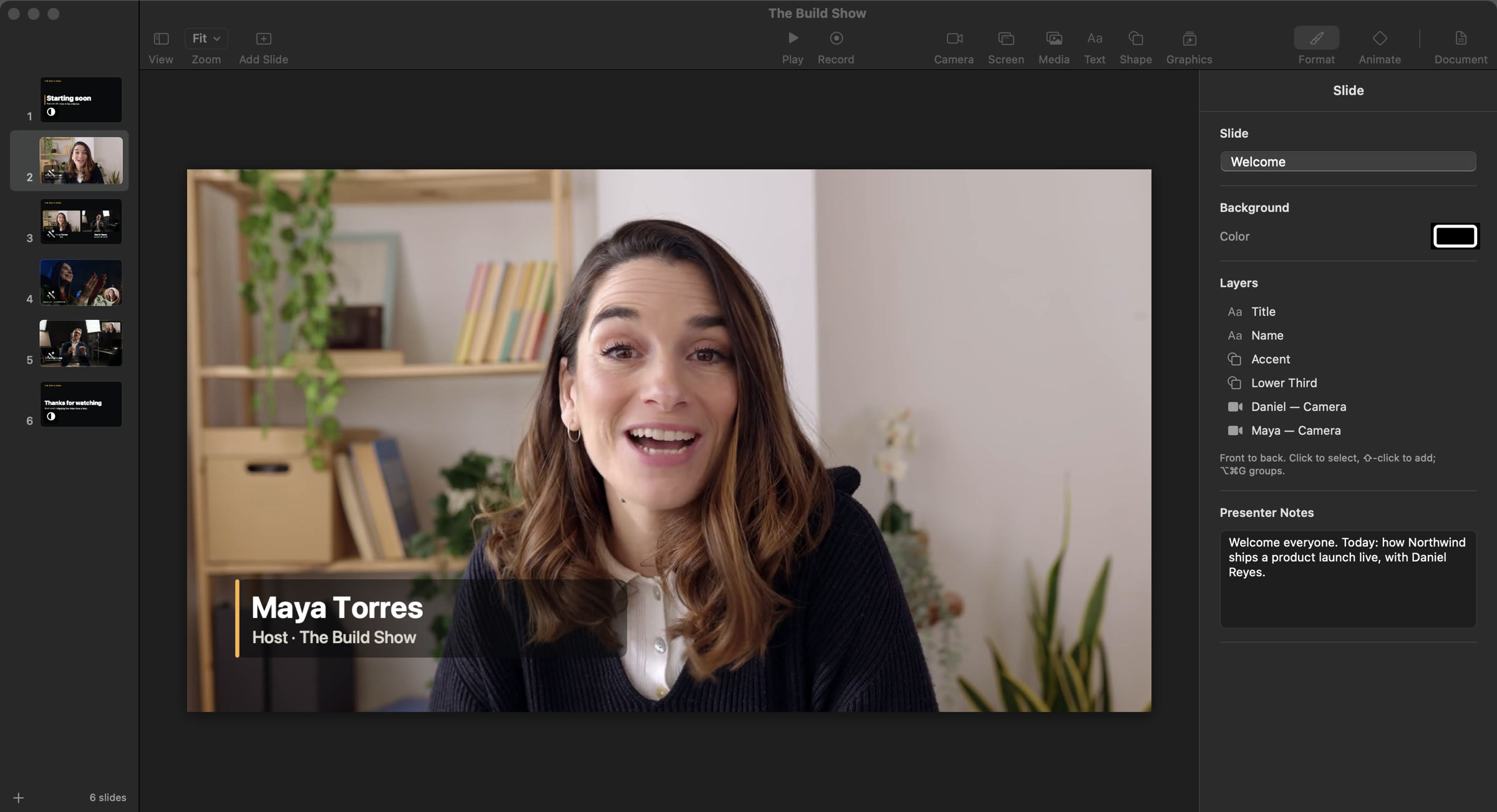 The ArcLight editor: a slide navigator of six scenes on the left, a live camera of the host with a lower third on the canvas, and the slide inspector on the right.