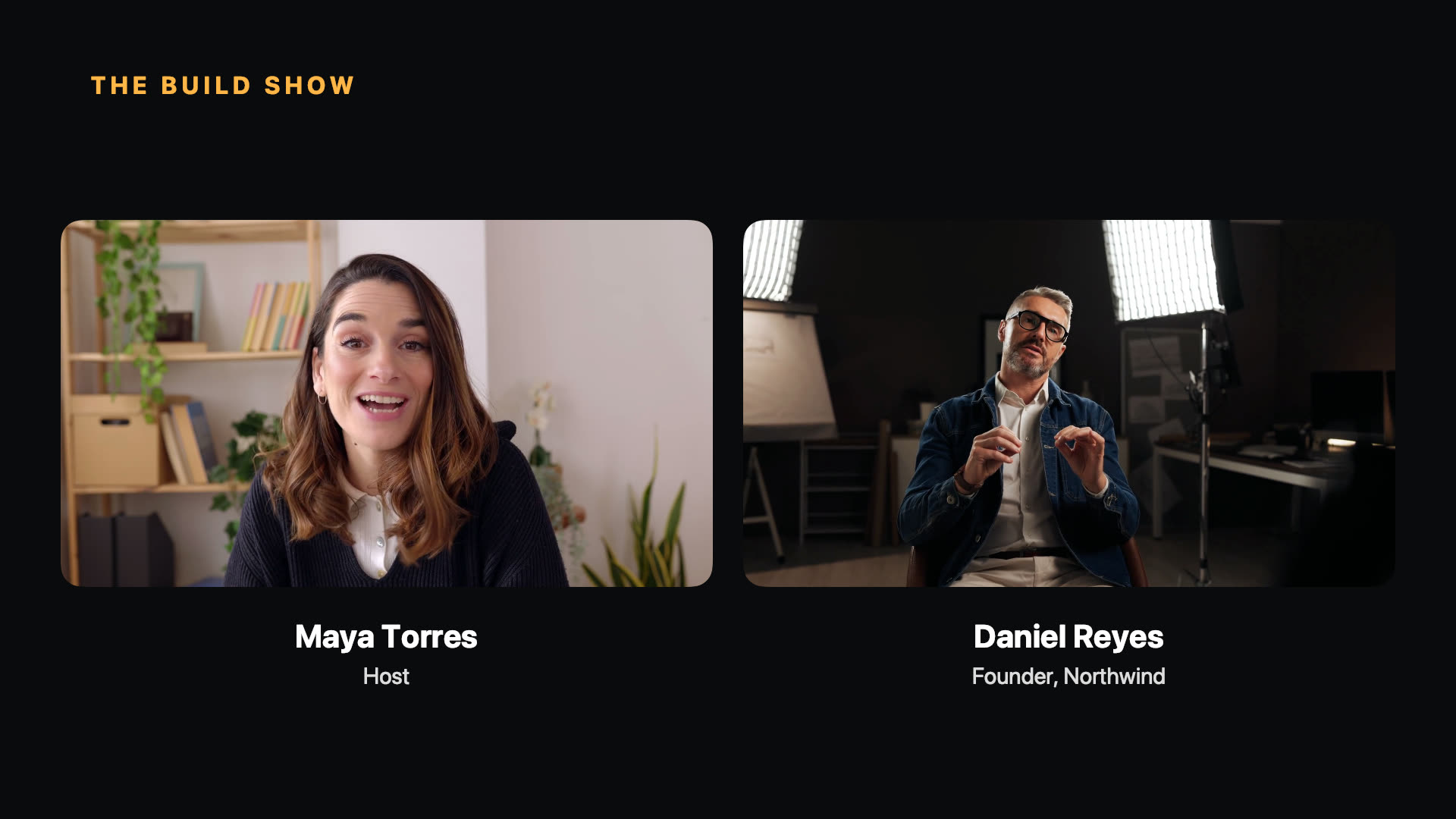 The Interview slide: host and guest side by side, with name captions the agent added.