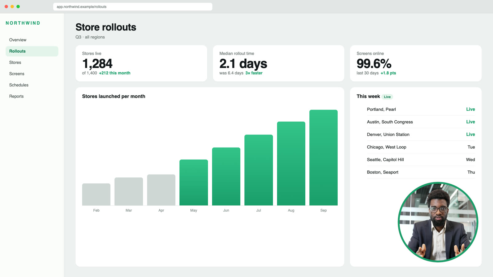A shared web app window with the sales rep in a circle in the corner.